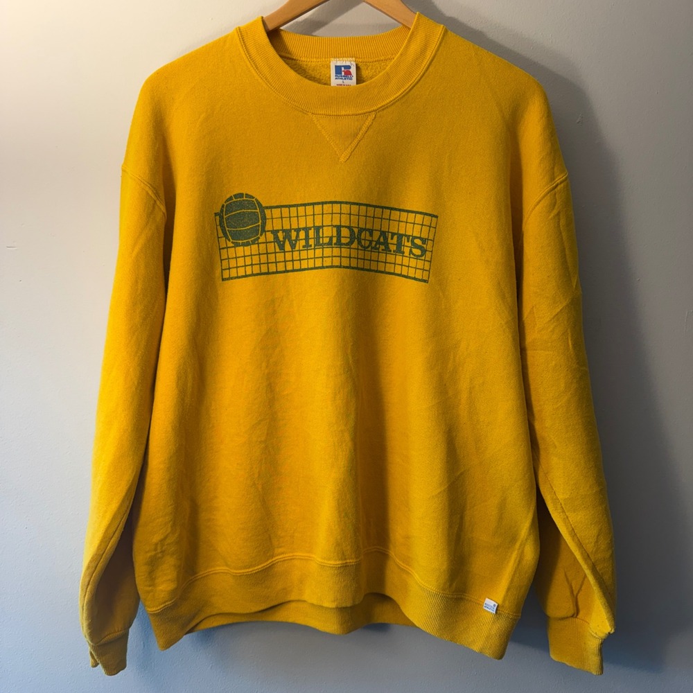 Vintage 80s Russell Athletic Wildcats MCMAN Crewneck Sweatshirt Gold L Yellow